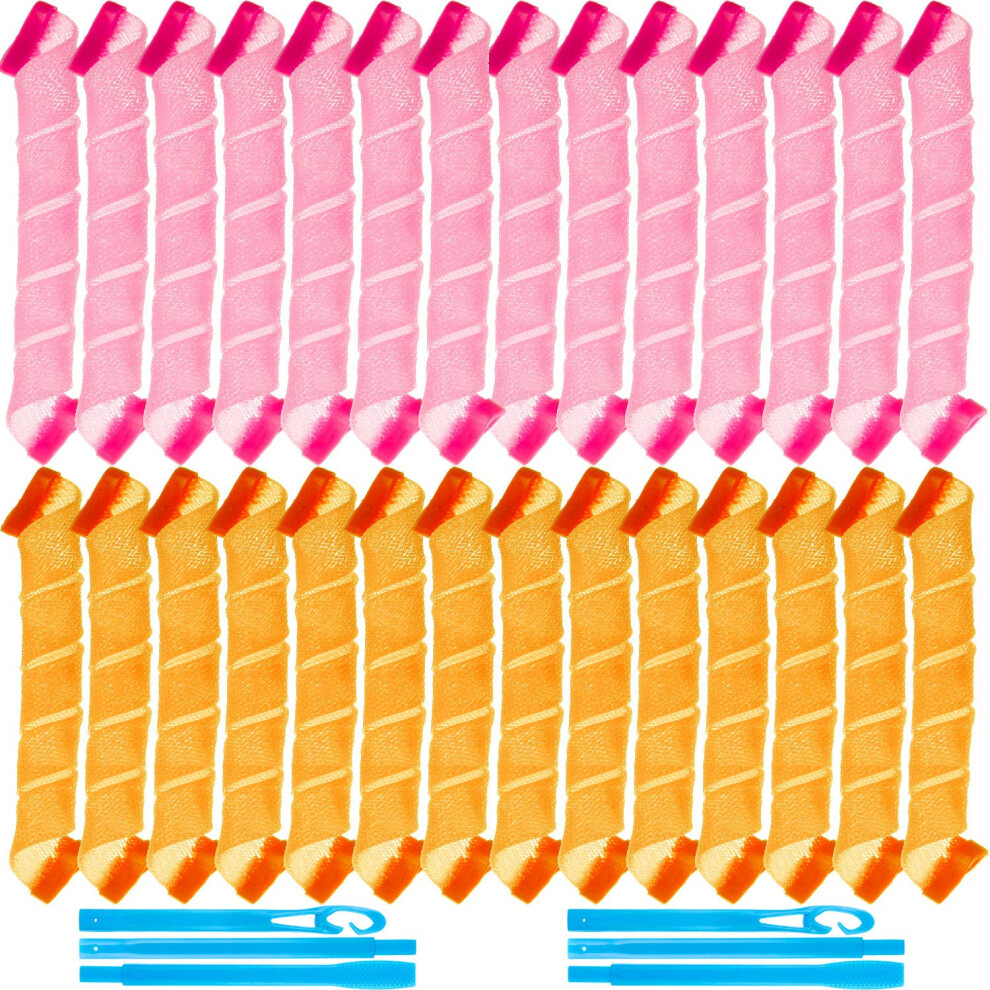 Pink/Orange 28Pcs Heatless Curlers No Heat Spiral Curling Kit With Hooks For Long Hair Styling 45Cm
