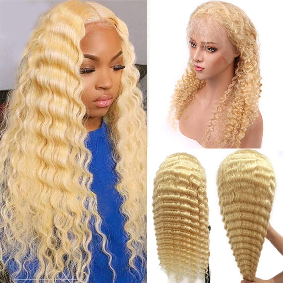 Unisex 22 Inch 613 Blonde Deep Wave Lace Front Wig Brazilian Virgin Human Hair Pre Plucked Wet And Wavy