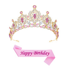 Gold Princess Tiara Queen Crown with Sparkling Rhinestones for Wedding Birthday Prom Pageant Pink