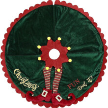 (As show, Elf Tree Skirt) 60-Inch Christmas Tree Skirt Knitted Decoration Apron Small Size for Festive Atmosphere White Plush Dark Green Red Elf