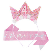 Birthday Tiara with Sash and Intricate Crown Detailing for 4th Birthday Girls
