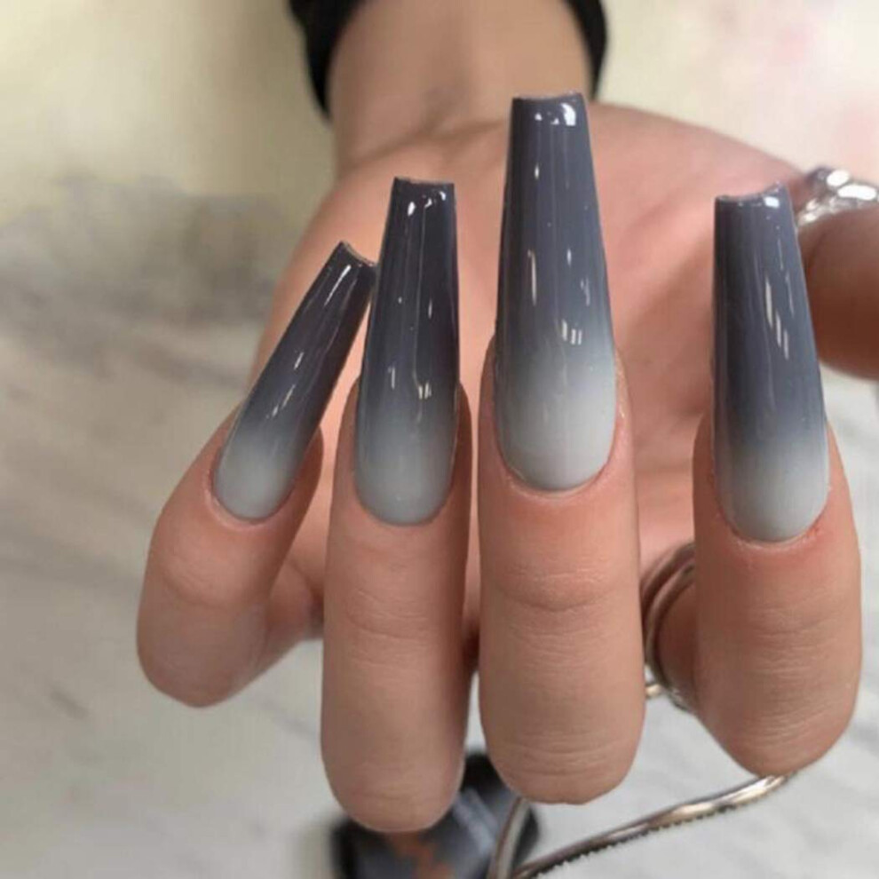 Gray Glossy Gradient Coffin Press On Nails Long Ballerina Fake Nails Instant Salon Style