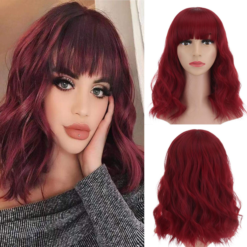 Wine Red Short Wavy Bob Synthetic Wig with Bangs for Women, Natural Looking, Heat Resistant Fiber