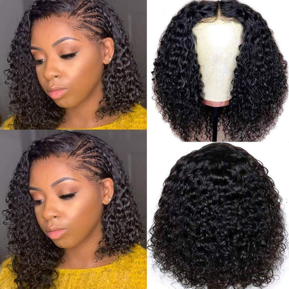 Unisex Brown Curly Bob Wig Human Hair Lace Front 4X4 Pre Plucked 10 Inch Kinky Curly With Baby Hair