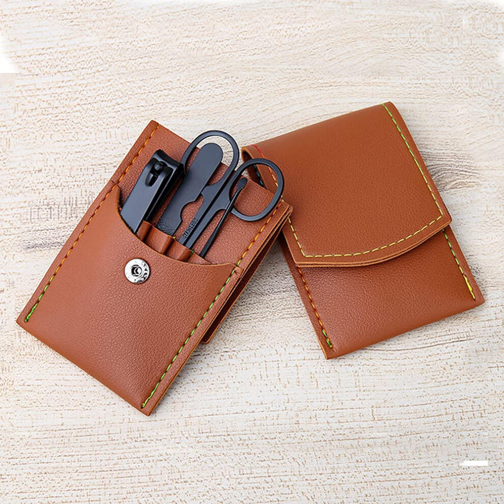 Professional Manicure Pedicure Set with Carbon Steel Nail Clippers and Brown Leather Travel Case