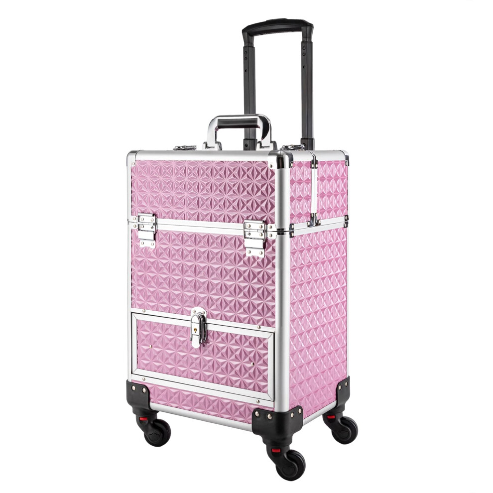 Pink Large Rolling Makeup Train Case With Drawers, Lockable Trolley For Nail Tech And Beauty Salon