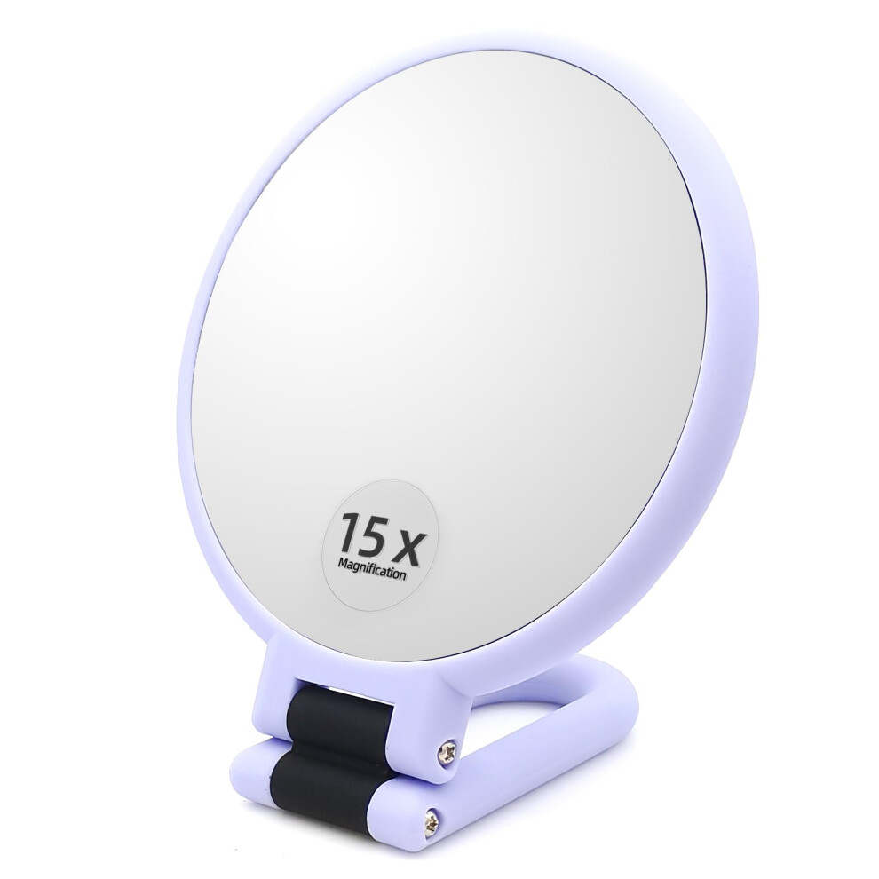 Purple 15X Magnifying Makeup Mirror With 360 Rotating Foldable Handle, Dualsided Compact Travel Handheld Mirror