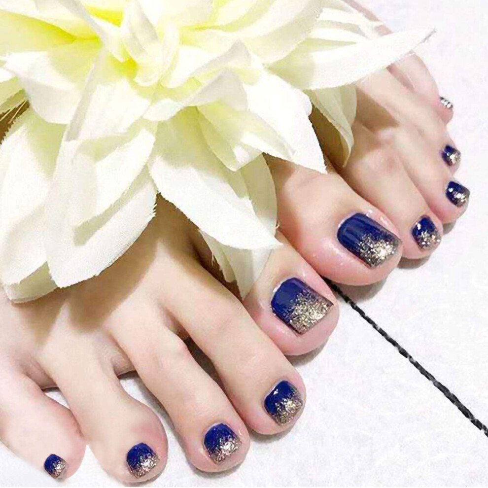 Glitter Press On Toe Nails Set 24pcs Square Bling Fake Toenails Quick Salon Pedicure for Women