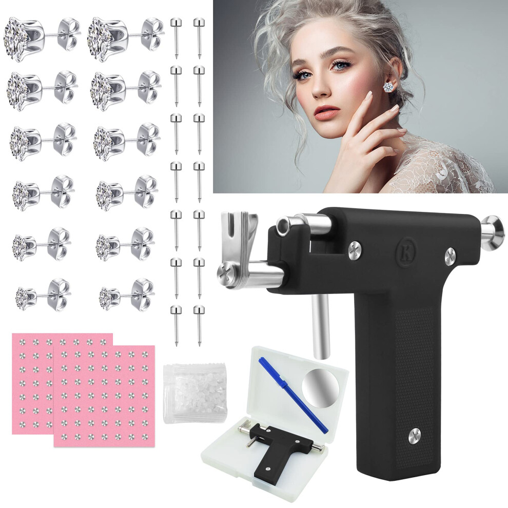 Black Ear Piercing Kit With Professional Piercing Gun, 6 Rose Studs And 98 Stainless Steel Studs For Home Salon Use