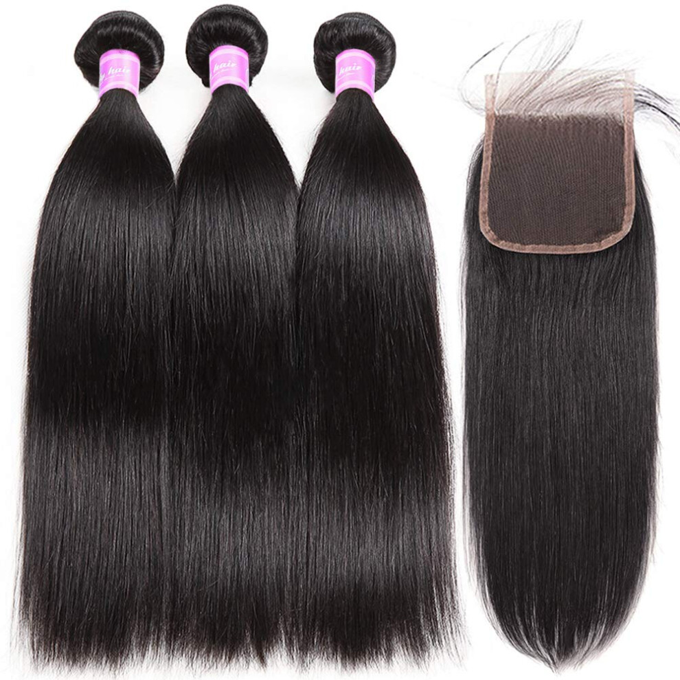 Unisex Black Brazilian Straight Hair Bundles With Closure Virgin Human Hair Weave 3 Bundles With Lace Closure