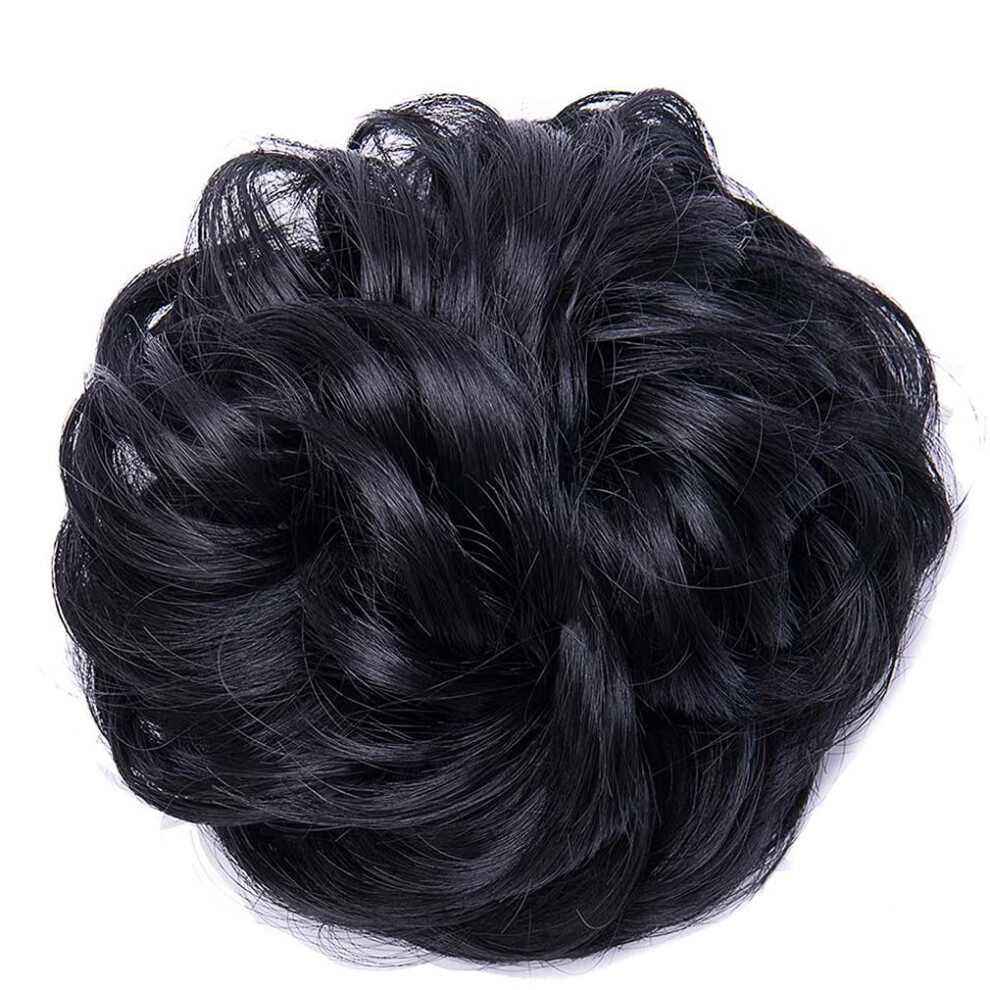 Hair Bun Extension with HeatStylable Curls, Dark Black Thick Curly Chignon Hairpiece