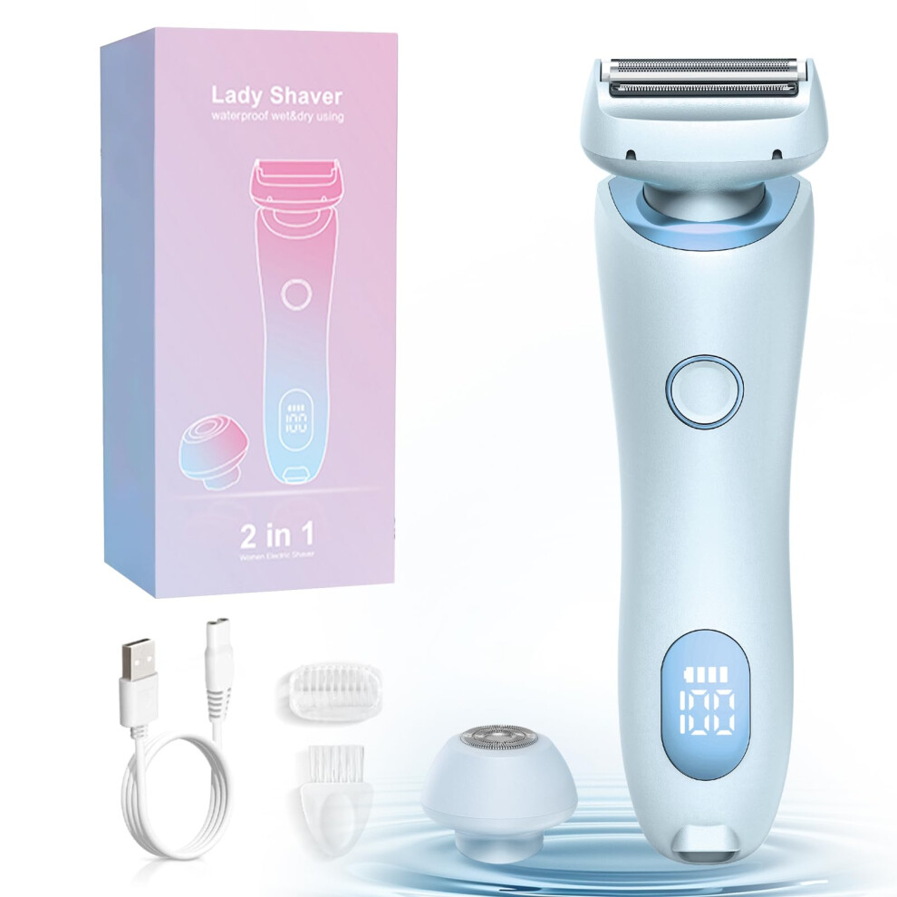 Electric Shaver for Women Wet and Dry Rechargeable Waterproof Bikini Trimmer with Dual Heads Blue