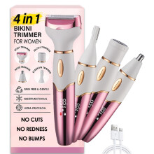 4 in 1 Rechargeable Waterproof Bikini Trimmer for Women Grooming Kit with Facial Eyebrow Nose Attachments Rose Gold White