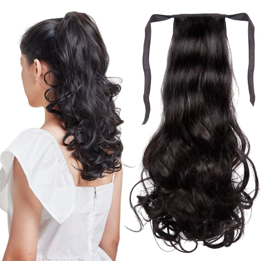 Unisex 18 Inch Curly Wavy Human Hair Ponytail Extension, Natural Remy Wrap Around Clip In Hairpiece