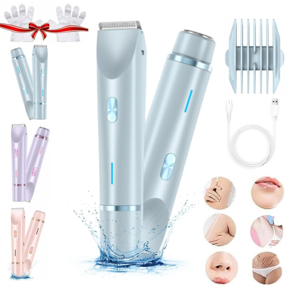 Women's Electric Shaver Dual Head Waterproof Wet and Dry Bikini Trimmer for Women Blue
