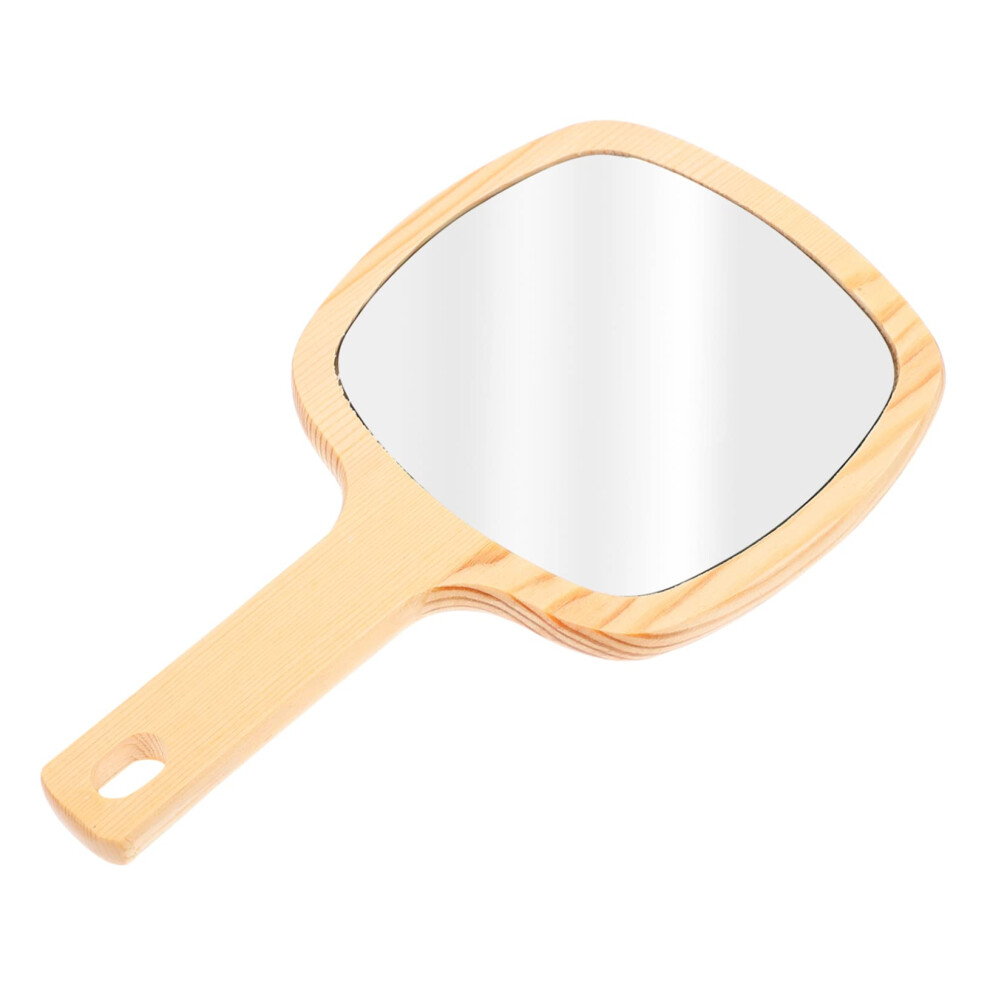 Handheld Makeup Mirror with Wooden Handle, Clear Reflection, Compact Portable Travel Design