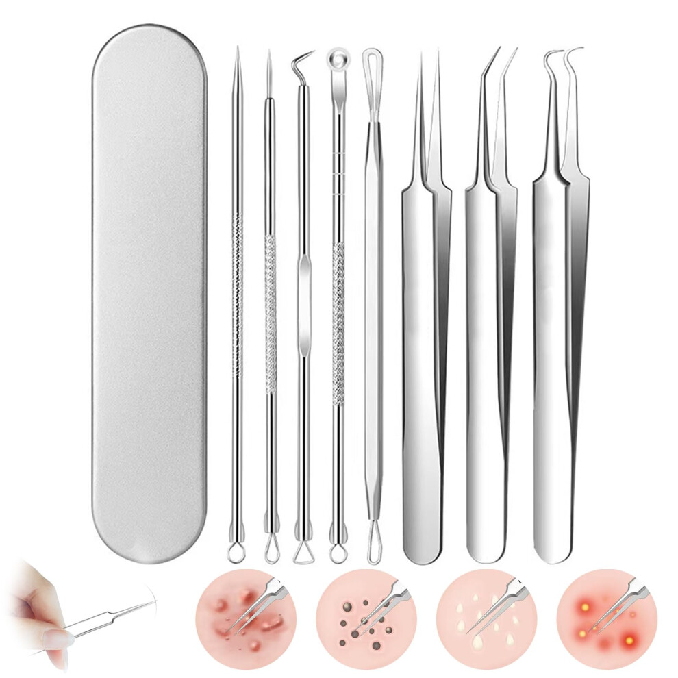 Professional 8PC Stainless Steel Blackhead Remover Kit and Pimple Popper Tool Set with Precision Tweezers