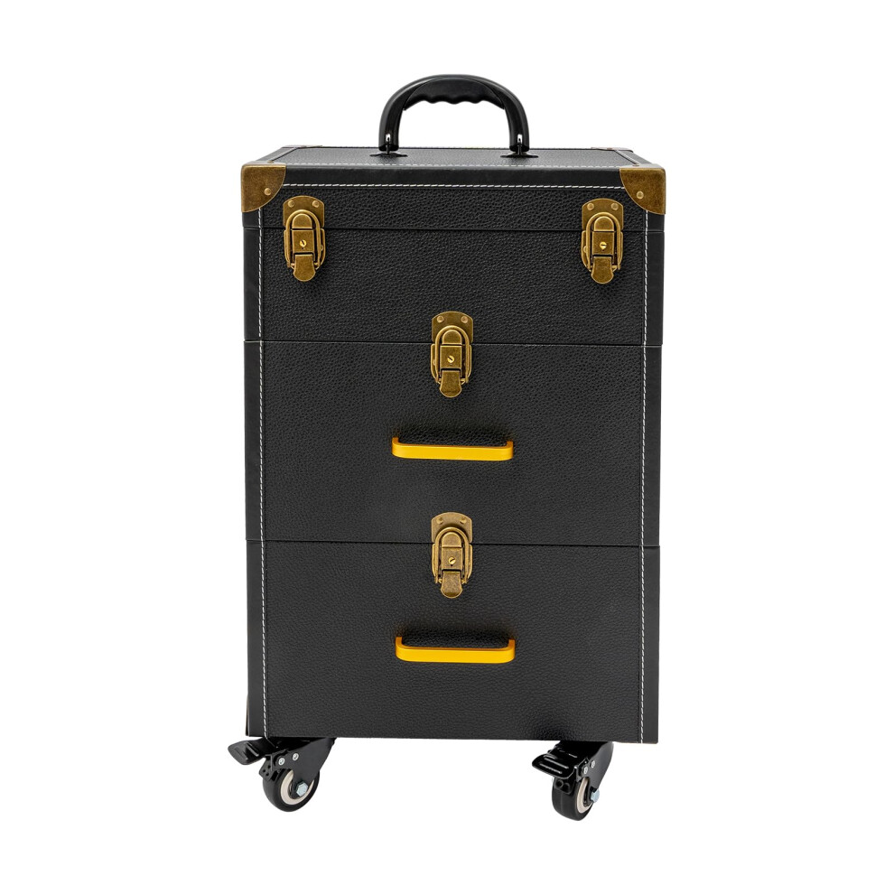 Black/Bronze Rolling Makeup Case With Drawers, Large Capacity Cosmetic Trolley With Wheels, And