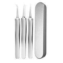 Professional Blackhead Remover Tweezers Set with Ultra Precision Tip and 125 Elbow Design, Silver 3pcs