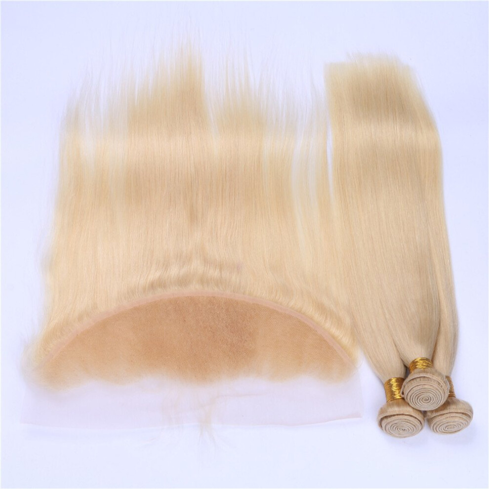 Unisex 613 Blonde Human Hair Bundles With 20In Lace Frontal Closure Peruvian Straight Virgin Extensions