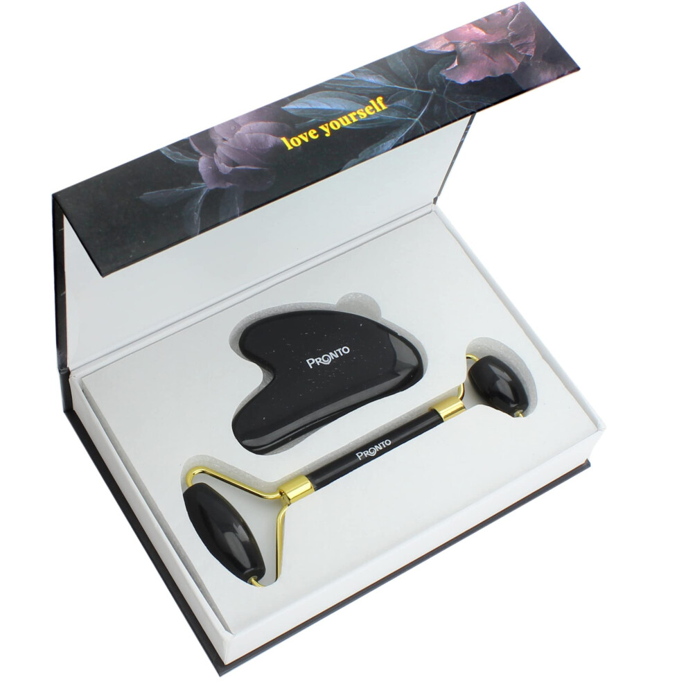 Black Obsidian Facial Roller and Gua Sha Set for Wrinkle Reduction, Face Lifting and Circulation Boost