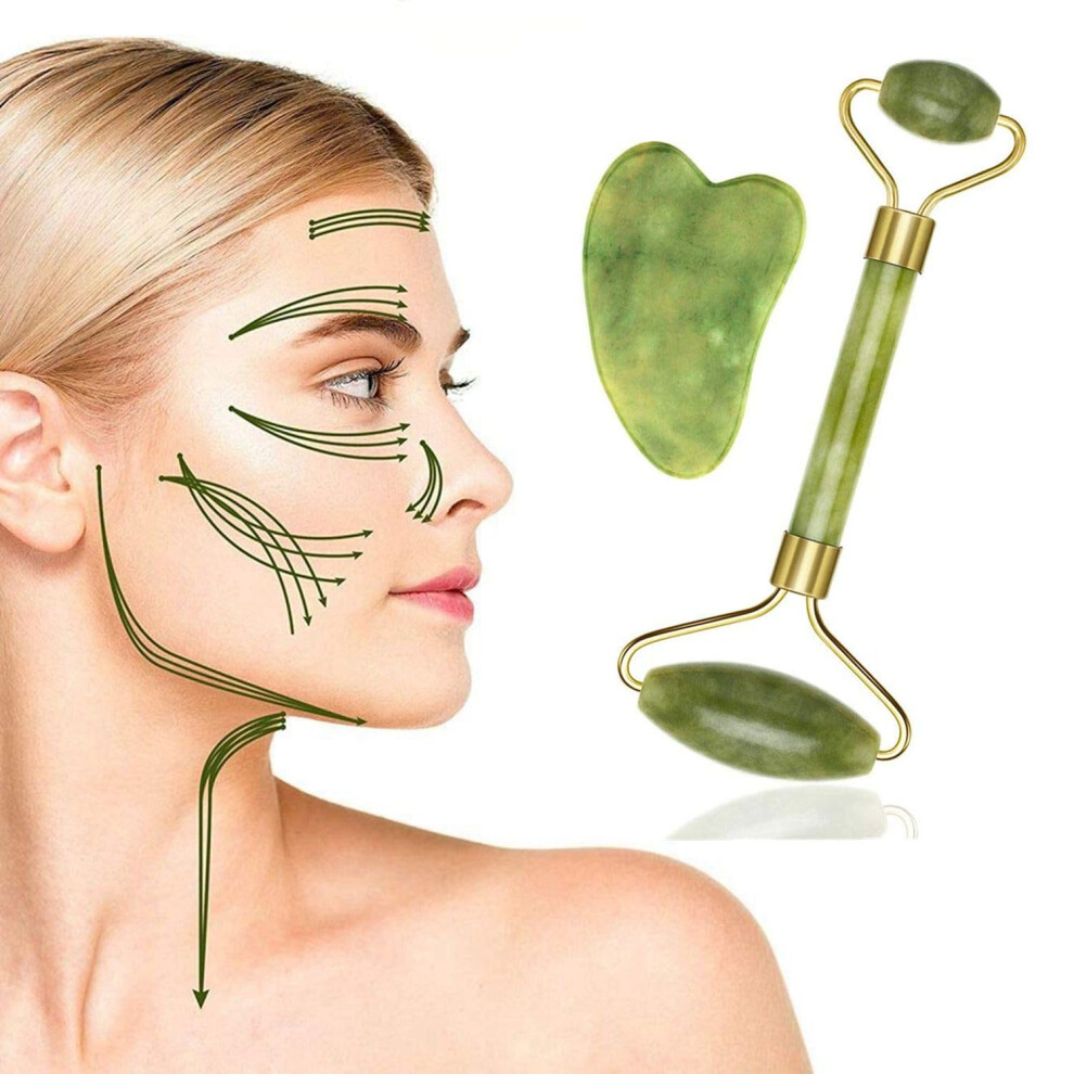 Dark Jade Roller And Gua Sha Set For Face And Neck Skin Tightening, Reduce Puffiness, Boost Absorption