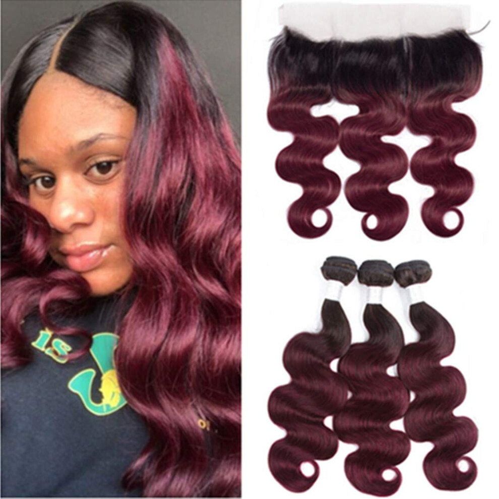 Burgundy Ombre Malaysian Human Hair Bundles with Lace Frontal, Virgin Extensions 24 26 28+22