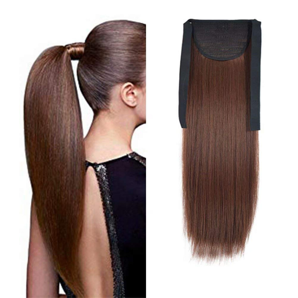 Unisex Red Ponytail Hair Extension Long Straight Synthetic Wrap Around Clip In Hairpiece 24In Auburn 90G