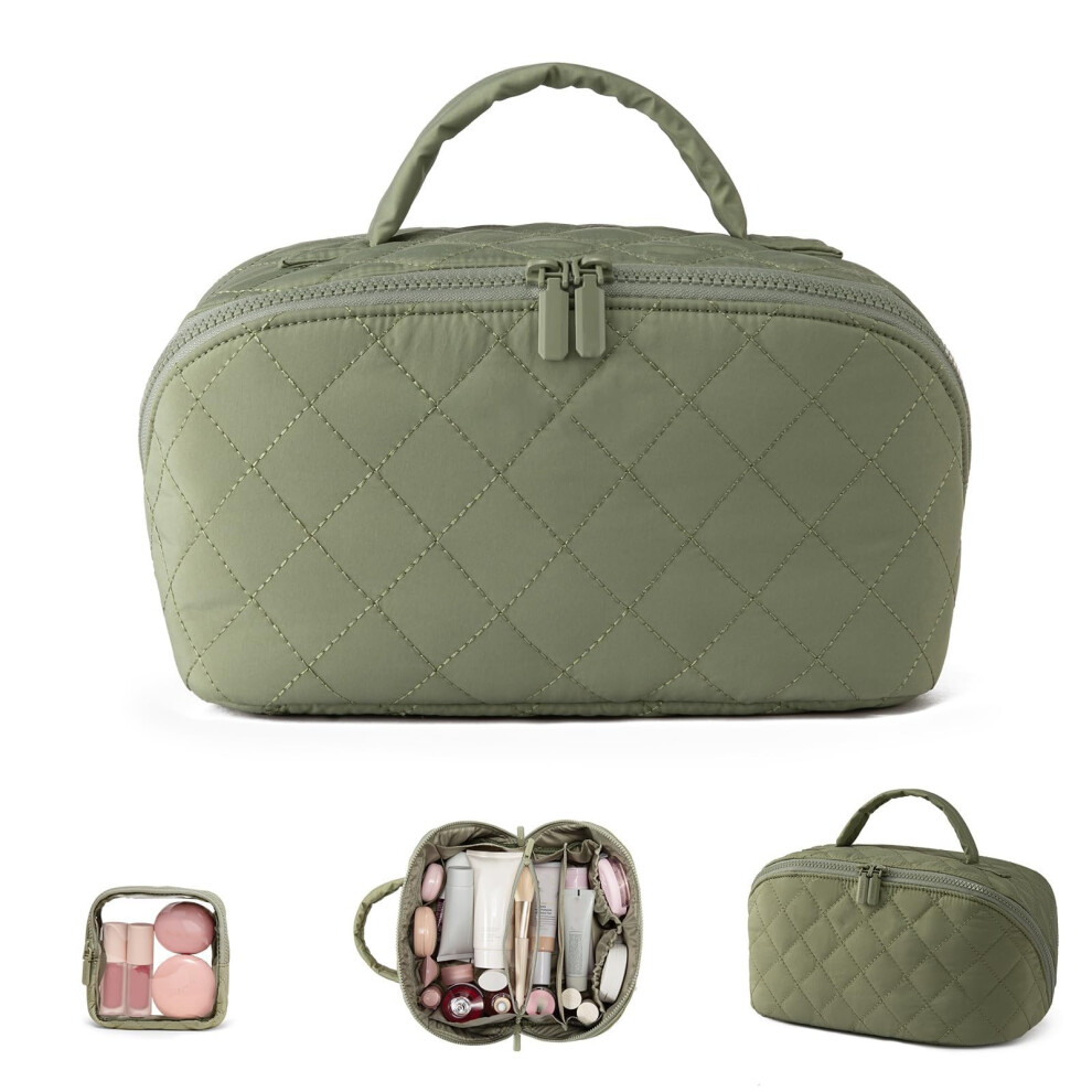 Green Travel Makeup Bag For Women, Waterproof Large Capacity Cosmetic Organizer With Brush Compartment, 180 Layflat Design,