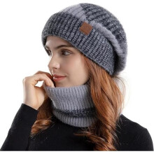 Muts en nekwarmer - Gebreide muts - Winter - Fleece voering - Grijs - Eén maat