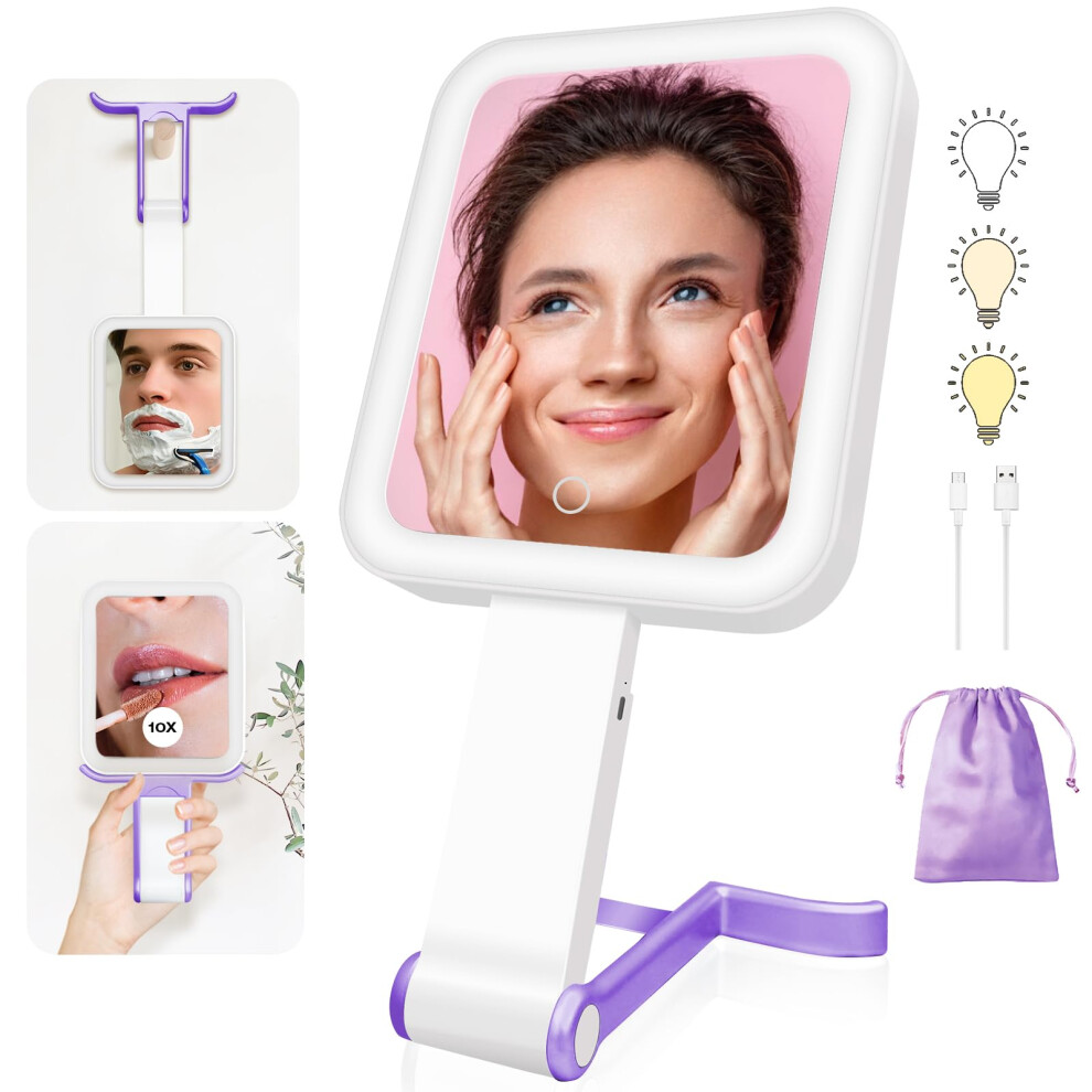 Lighted Travel Makeup Mirror 10X Magnification 3 Color Lighting Rechargeable Foldable Purple