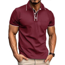 Poloshirt voor heren, korte mouw, zomer, normale pasvorm, casual poloshirt, elegante reverskraag, contrasterende kleur, EU-maat, bordeaux