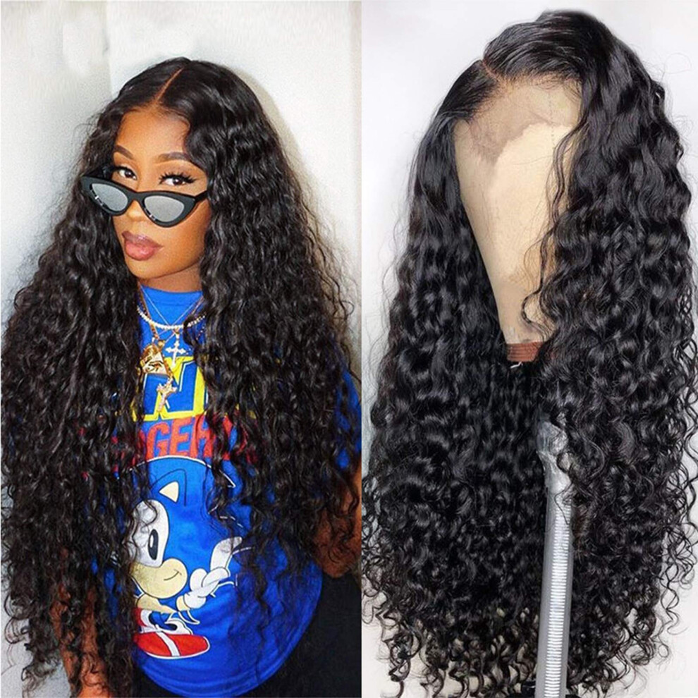 Unisex 18 Inch Brazilian Water Wave Human Hair Wig Glueless 4X4 Lace Closure Pre Plucked Remy