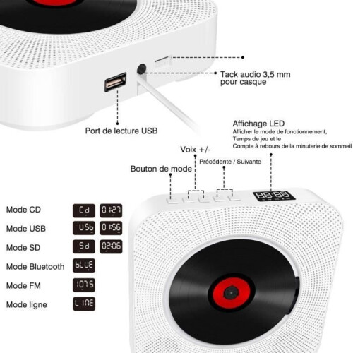 Φορητό CD Player UVERBON με ενσωματωμένα ηχεία HiFi και βάση τοίχου - Λευκό 2