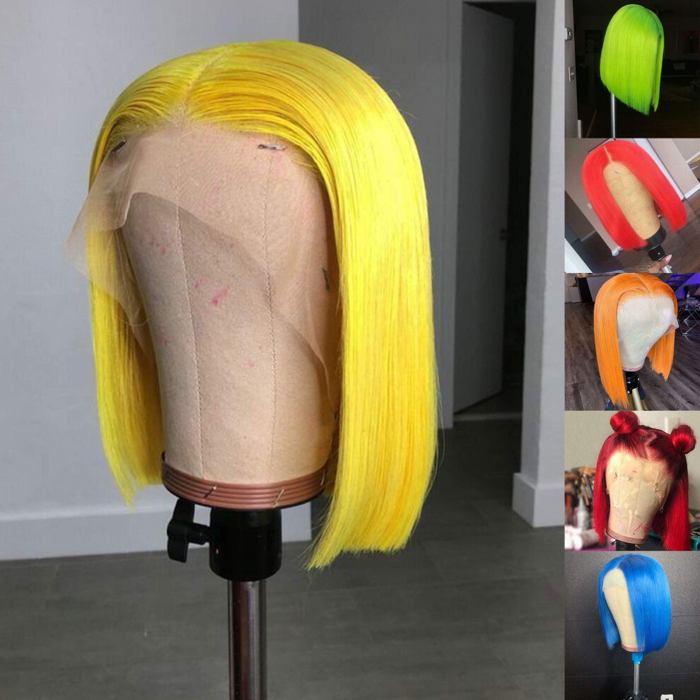 Unisex Green,Black 10 Inch Green Human Hair Lace Front Bob Wig For Black Women Pre Plucked Bleached Knots