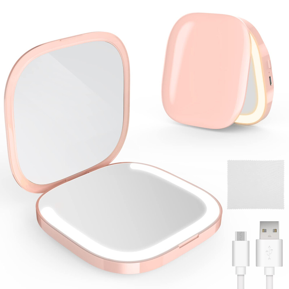 Pink Lighted Compact Mirror With Led, 1X/3X Magnification, 3 Color Modes, Rechargeable, Travel Size