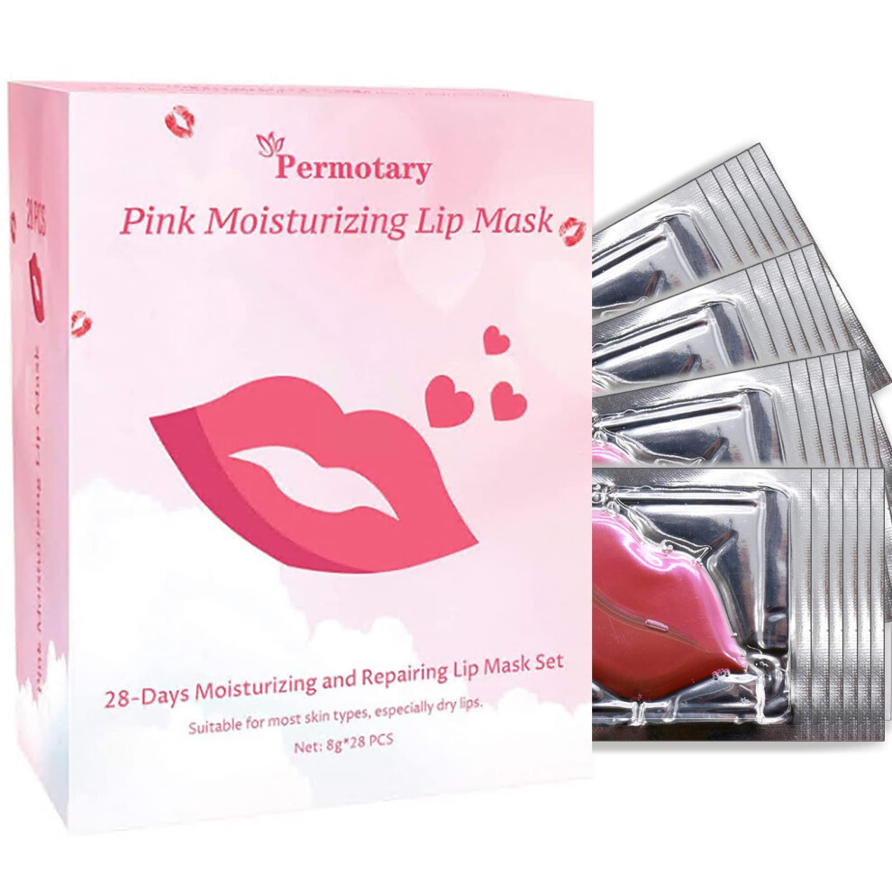 Pink 28 Pcs Collagen Lip Mask For Deep Hydration, Plumping And Repairing Dry Chapped Lips