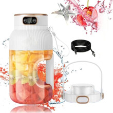 Portable juicer, multifunctional with digital display, can make milkshakes and smoothies, two lids (white)