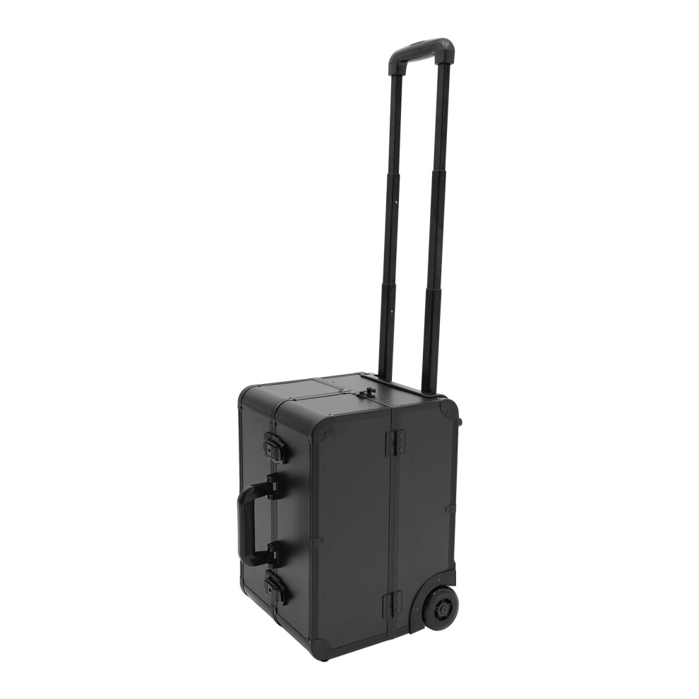 Black Makeup Train Case With Wheels, Lockable Large Capacity Aluminum Rolling Cosmetic Trolley For Hairstylists,