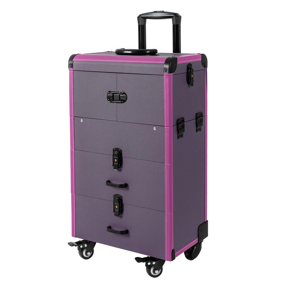 Purple Rolling Makeup Train Case, Lockable Large Capacity Cosmetic Trolley With 360 Swivel Wheels,