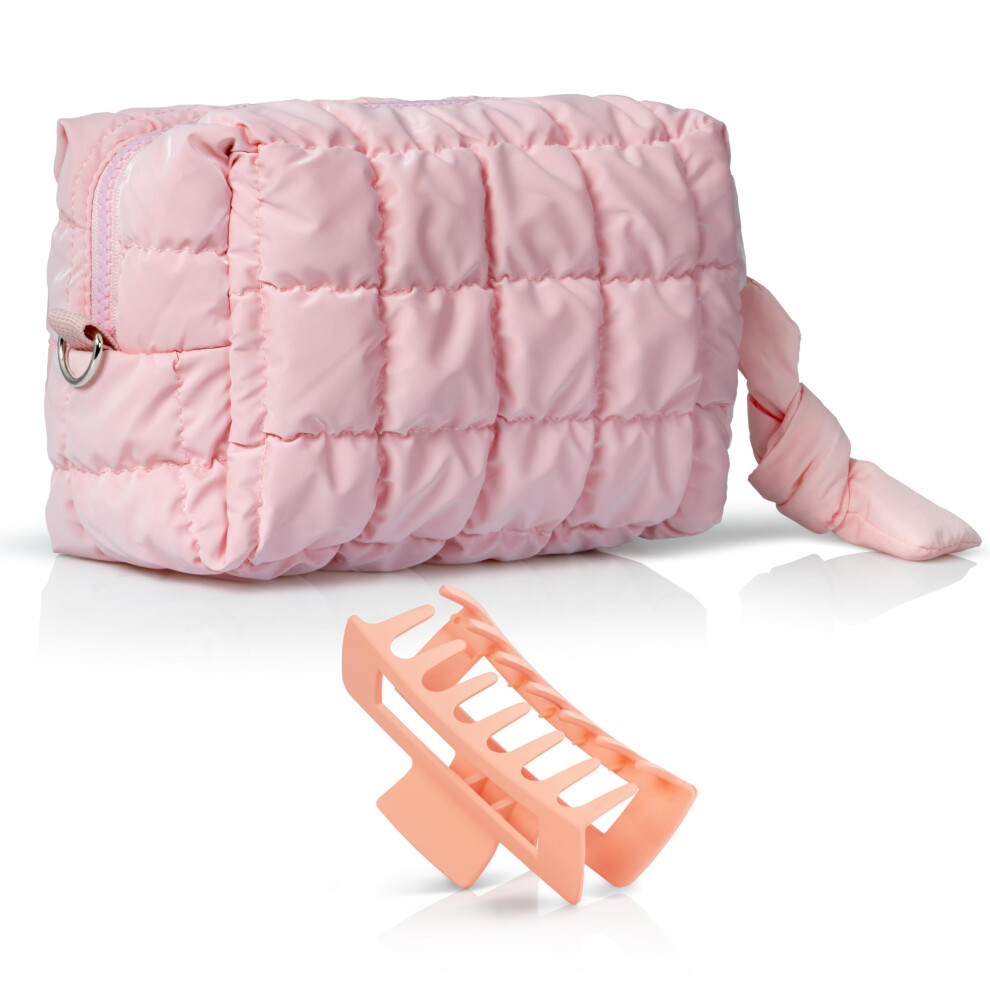 Pink Quilted Makeup Bag With Hair Clip, Small Waterproof Cosmetic Pouch Organizer For Women