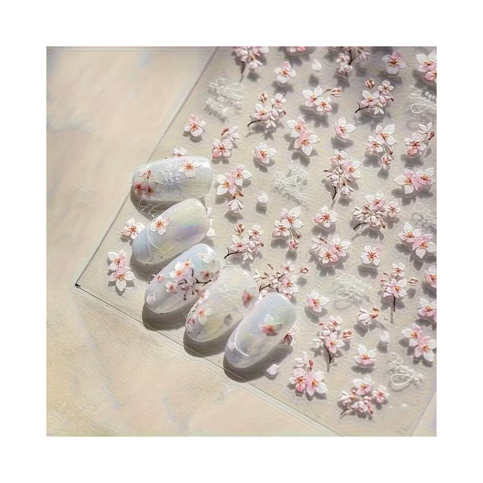 Pink 3D Cherry Blossom Nail Stickers With Glitter, Selfadhesive Floral Nail Decals For Spring