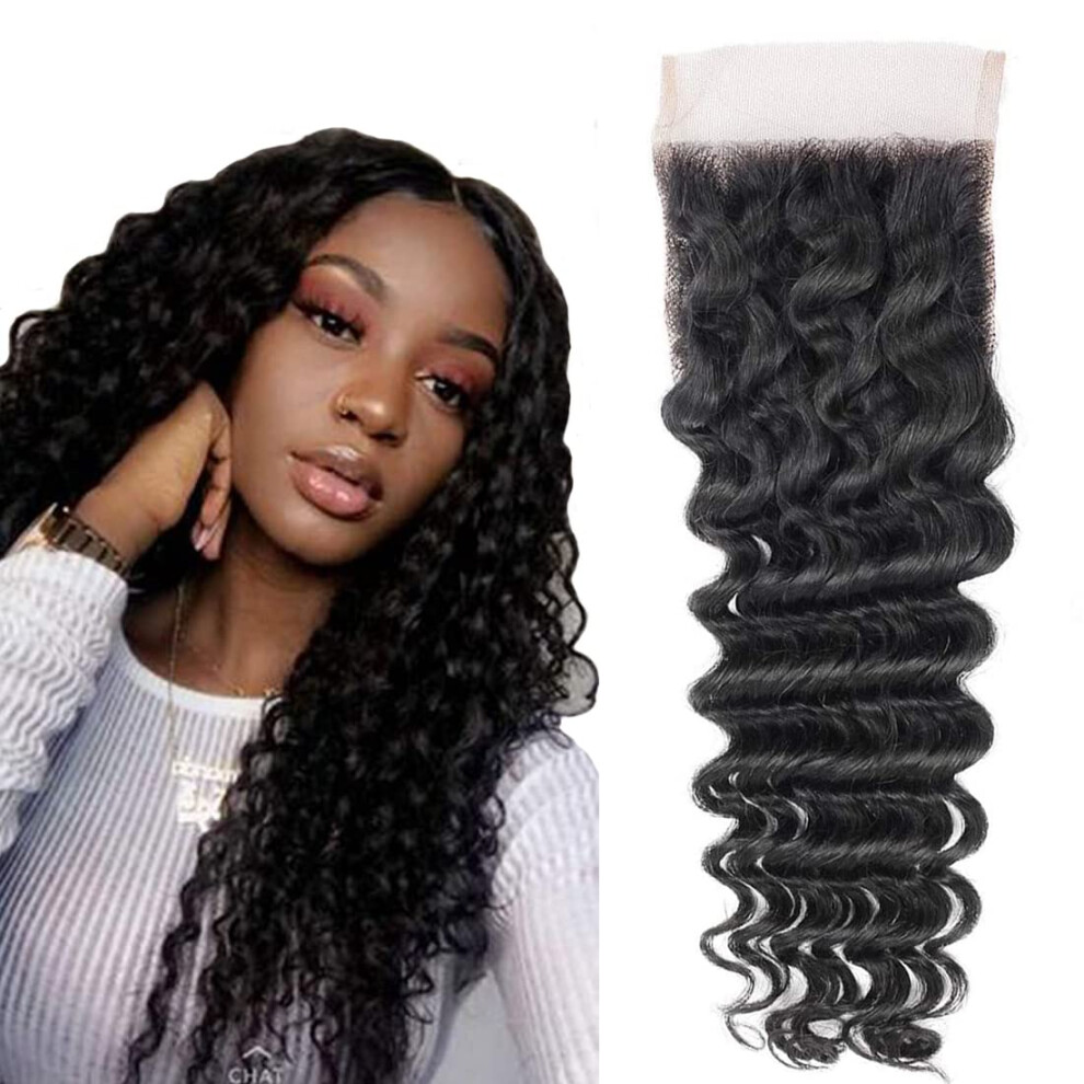 Unisex Black 4X4 Hd Lace Closure Deep Wave Brazilian Virgin Hair With Invisible Hairline, Natural 16 Inch