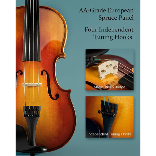 Full Size Violin for Beginners Set with Bow and Case, Complete Starter Kit with Rosin and Extra Strings 2