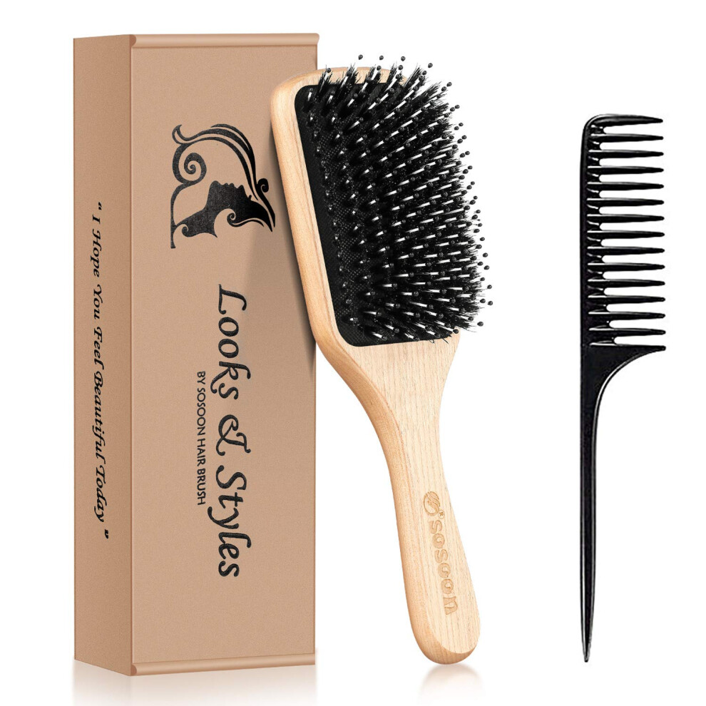 Boar Bristle Paddle Hair Brush for Fast Detangling All Hair Types with Tail Comb and Gift Box