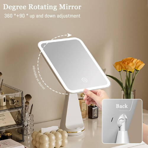 Lighted Makeup Mirror with 3Level Dimmable LED, Rechargeable 360 Rotating Vanity Mirror White 1