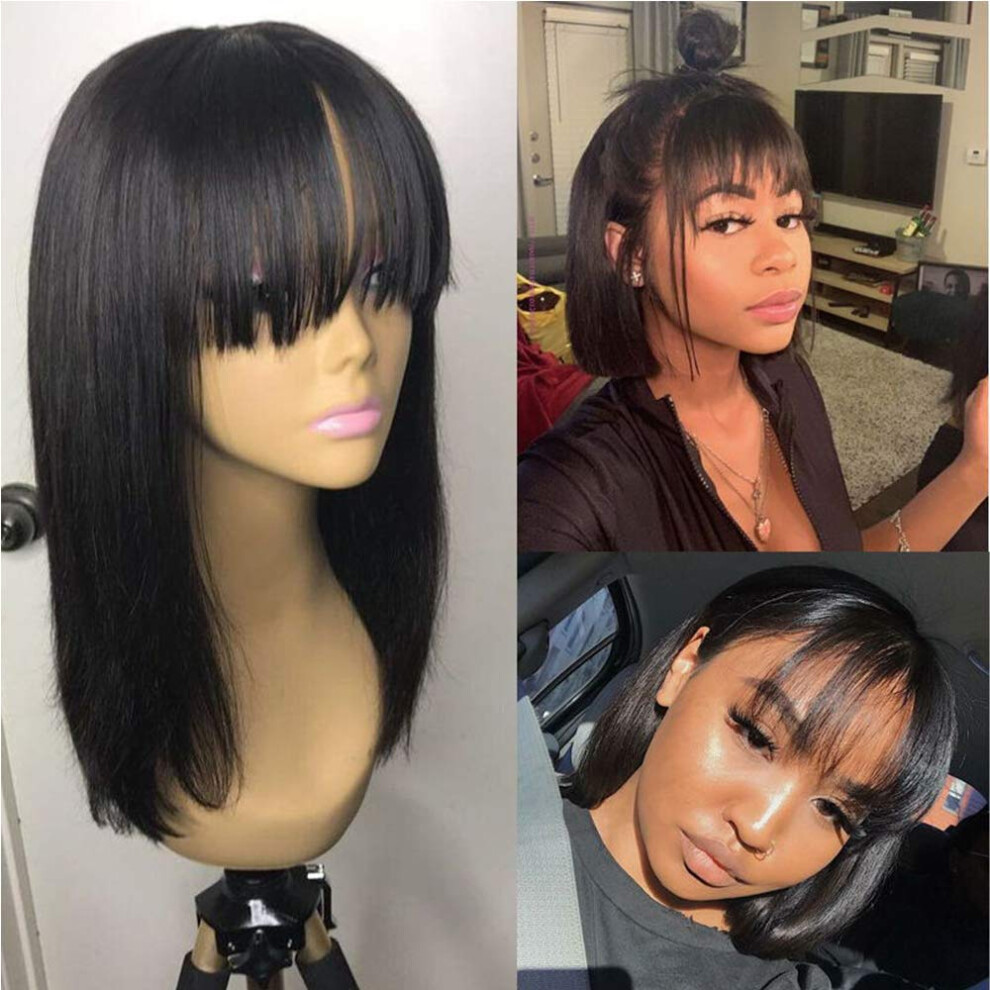 Straight Bob Human Hair Lace Front Wig with Bangs, Brazilian Remy, Pre Plucked 130% Density