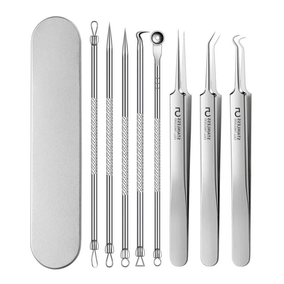 Blackhead Removal Kit 8PCS Stainless Steel Pimple Popper Tool Set with Tweezers for Face