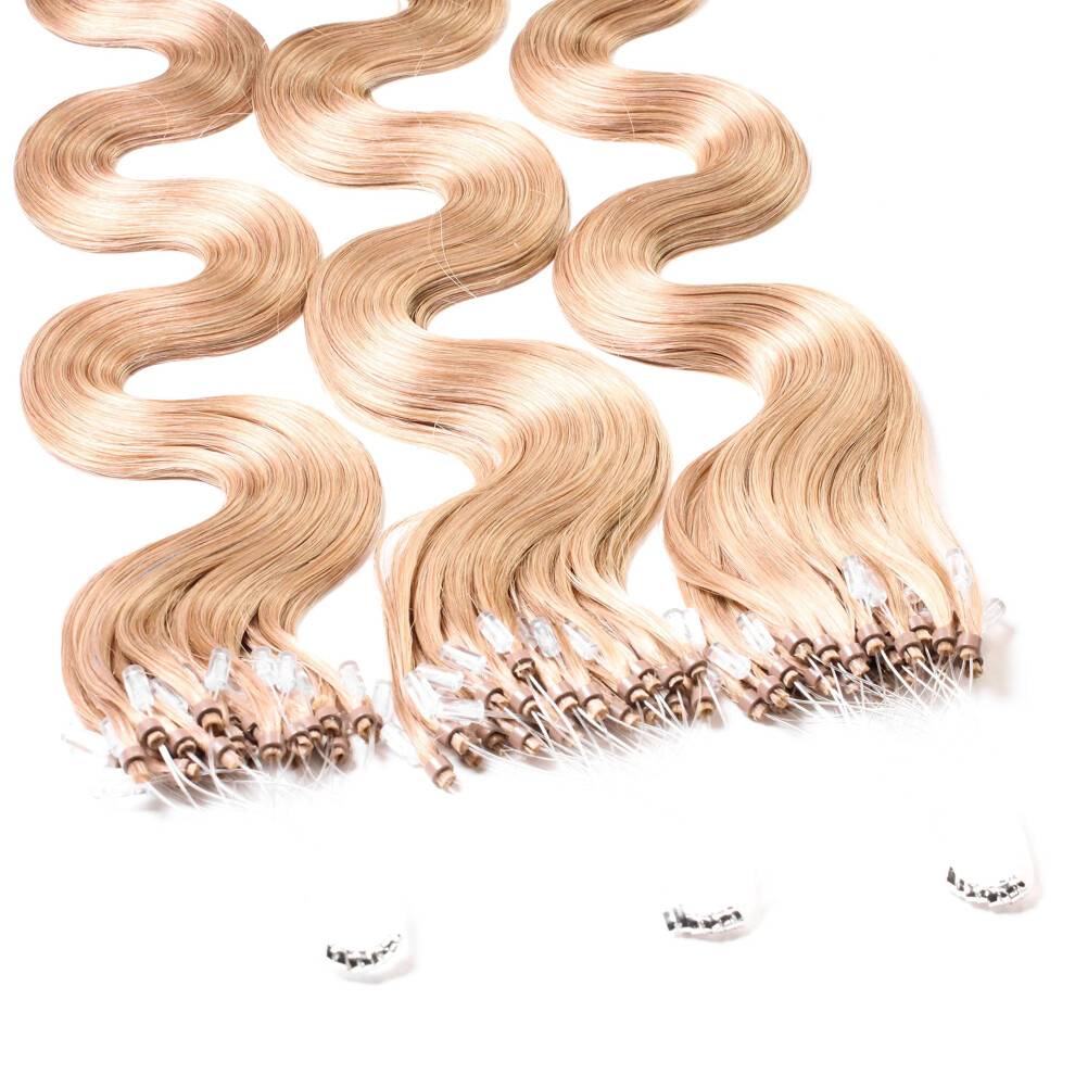 Unisex Dark Micro Ring Loop Human Hair Extensions 24 Inch Blonde Wavy 0.5G Strands Volume Boost