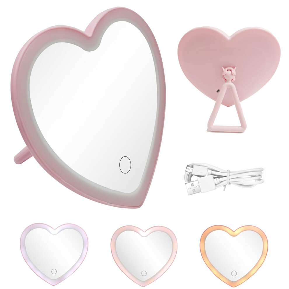 Heart Shaped Lighted Makeup Mirror, Foldable Vanity Mirror with 3 Brightness Levels for Travel Pink